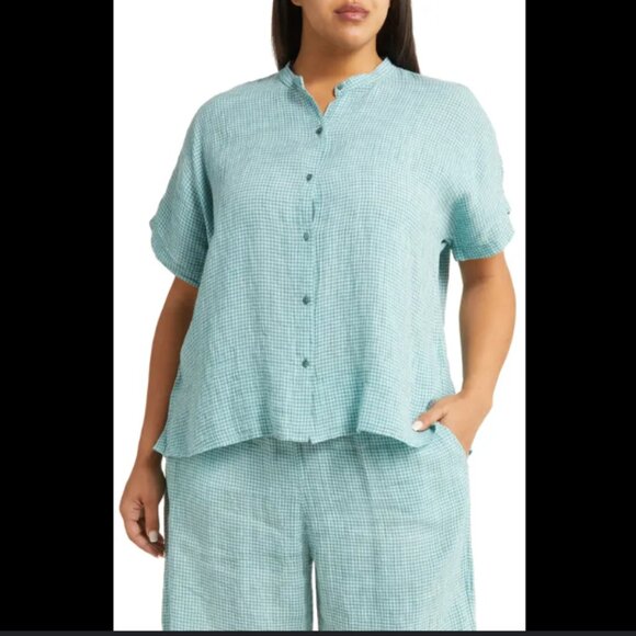 Eileen‎ Fisher Puckered Check Button Down Shirt and Short Linen Set - Picture 1 of 9